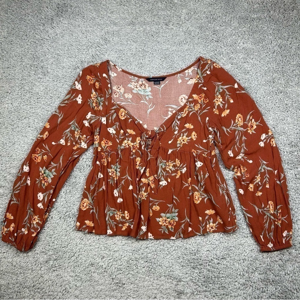 American Eagle Top Womens Extra Small Floral Print Blouse Peplum Detail Flowers